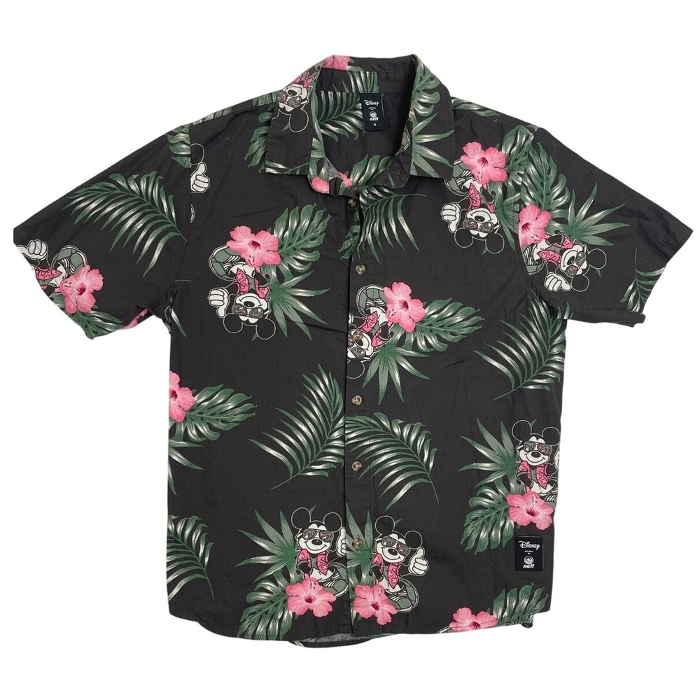 Neff Disney Mickey Mouse Tropical Aloha Shirt Mens Small Black Floral Hibiscus